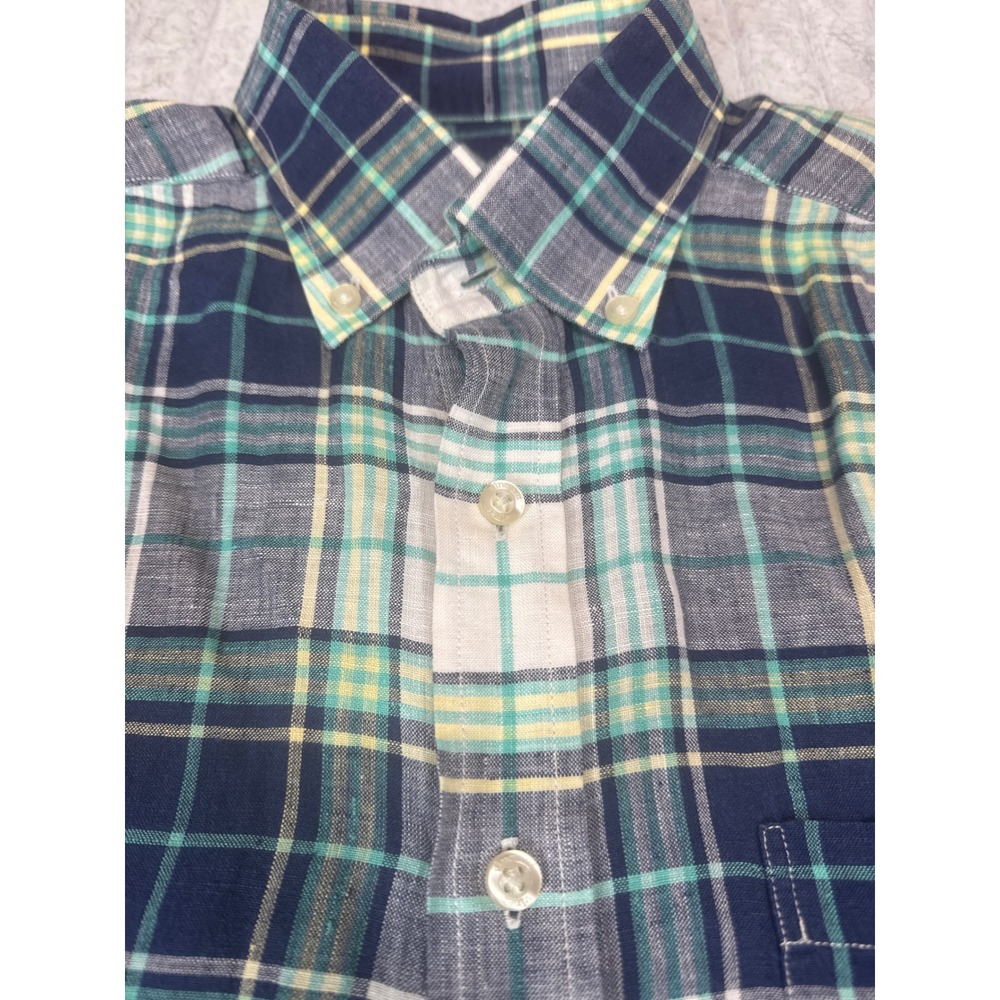 Vineyard Vines Slim‎ Fit Tucker Shirt Mens Medium Blue Teal Plaid 100% Linen LS